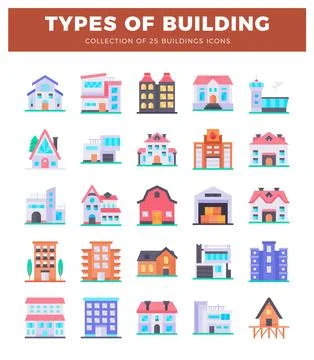 Diverse building icons on a white background. Ilustración de archivo