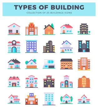 Diverse building icons on white background. presented in a grid format. Ilustración de archivo