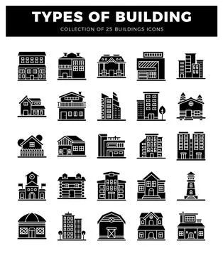 Diverse building icons on a white background. showcasing architectural variet Ilustración de archivo
