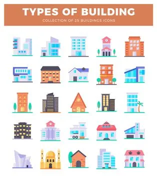 Diverse building icons on a white background with an orange title bar. Ilustración de archivo