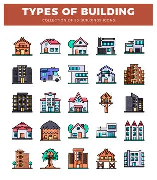 Diverse building icons on white background. flat design style. Ilustración de archivo