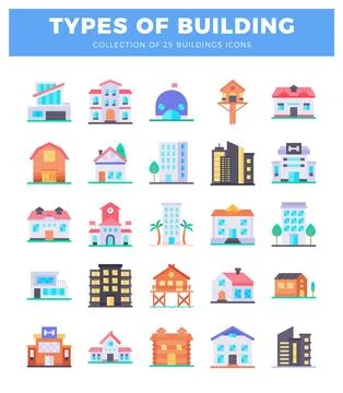 Diverse building icons on a white background. Ilustración de archivo