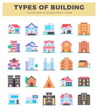 Diverse building icons on a white background with titles. Ilustración de archivo