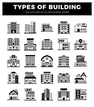 Diverse building icons on a white background. Ilustración de archivo