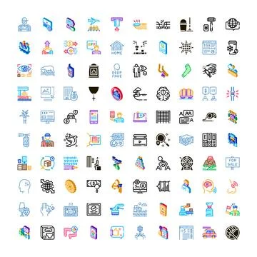 Diverse business and technology linear isometric icon collection Stock Illustration