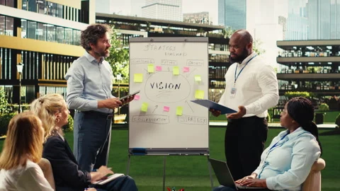 Diverse business people explaining vision board roadmap and sticky notes Stock Footage 338381413