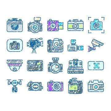 Diverse camera doodle icon set collection Stock Illustration
