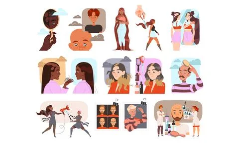 Diverse Characters and Various Scenes Represented in a Modern Illustrative Art Stock Illustration