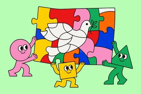 Diverse Characters Assembling a Peace Dove Puzzle Stock Illustration