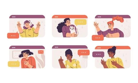 Diverse Characters Engaging in Interactive Virtual Discussions Across Various Stock Illustration