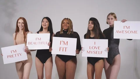 Diverse cheerful models convey the idea that everyone should love their body. Stock Footage 146364672