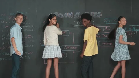 Diverse children planning to code program by using blackboard. Edification Vidéo 280321662
