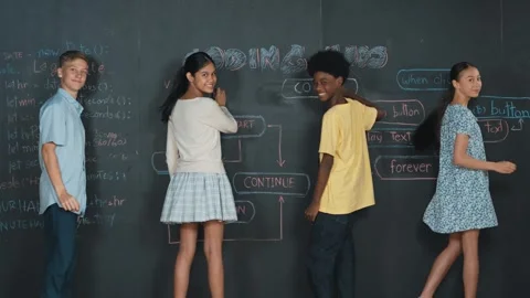 Diverse children planning to code program by using blackboard. Edification Video stock 282756708