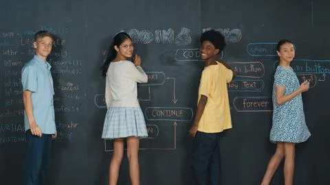 Diverse children planning to code program by using blackboard. Edification. Photos