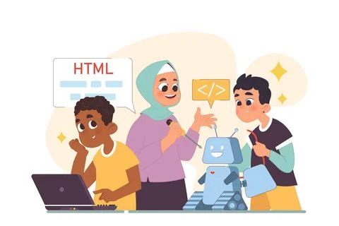 Diverse children programming. Computer science, AI, game technologies Stock Illustration