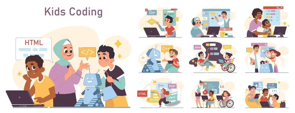 Diverse children programming set. Computer science, AI, game technologies Stock Illustration
