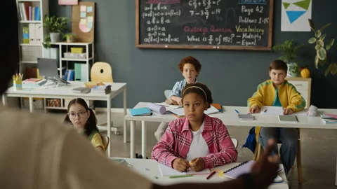 Diverse Children Raising Hands in Classroom during Math Lesson Stock Footage 340550103