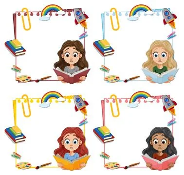 Diverse Children Reading and Learning Together Stock Illustration