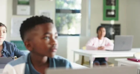 Diverse class reacting to cue, African-American boy watching, camera pulling Stock Footage 336058873