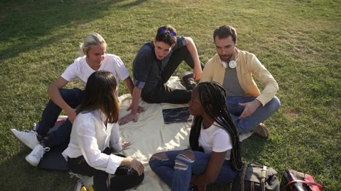 Diverse classmates chatting while sitting on lawn Stock Footage 163282617