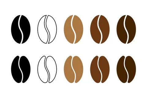 Diverse coffee bean icon set in black and brown tones isolated Stock Illustration
