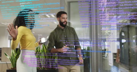 Diverse colleagues discussing in office with digital code overlay animation Stock Footage 306225907