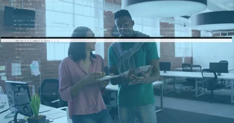 Diverse colleagues discussing work over computer code animation in modern office Stock Footage 306240254