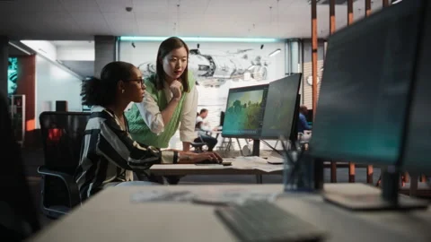 Diverse Colleagues Using Computer In GameDev Office Stock Footage 255796061