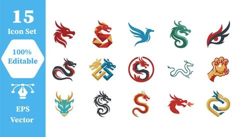 Diverse collection of 15 creative dragon character icons with character Stock Illustration