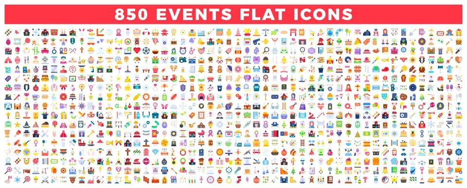A diverse collection of 850 flat event icons presented on a white backgroun.. Stock Illustration