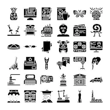 Diverse collection of black and white glyph icons 库存插图