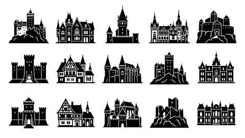 Diverse collection of black castle silhouettes for fantasy themes Stock Illustration