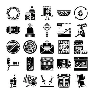 Diverse collection of black glyph flat icons representing various concepts Illustrazione stock