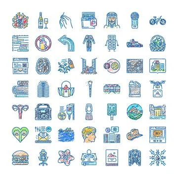 Diverse collection of color scribble icons illustrating concepts Stock Illustration