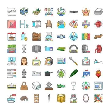 Diverse collection of colored line art icons depicting various concepts Stock Illustration