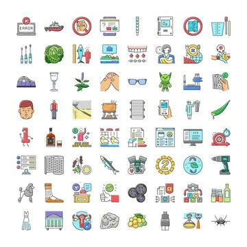 Diverse collection of colored outline flat line icons Stock Illustration