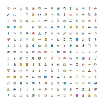 Diverse collection of colorful flat design icons displaying various concepts Stock Illustration