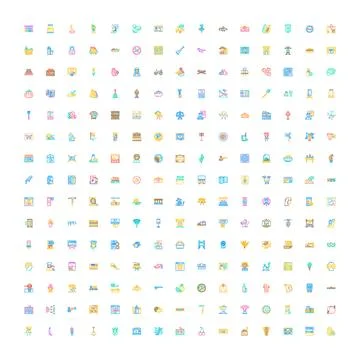 Diverse collection of colorful flat line outline icons Illustrazione stock