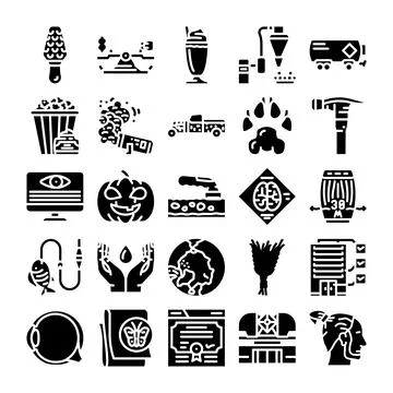 Diverse collection of concepts, objects, and activities glyph icons Stock Illustration