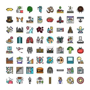 Diverse collection of conceptual flat vector icons set Stock Illustration
