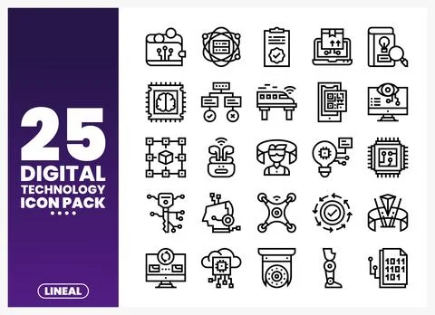 A diverse collection of digital technology icons presented in a clean. line.. Stock Illustration