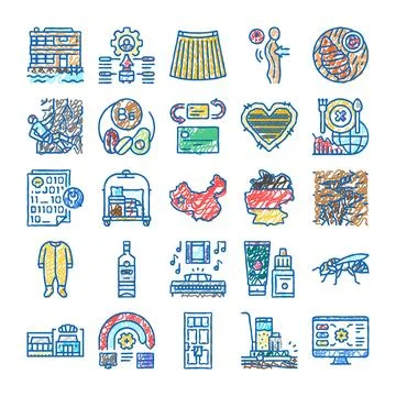 Diverse collection of doodle style vector icons presenting various concepts Stock Illustration