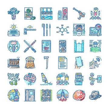 Diverse collection of doodle style vector icons presenting various subjects Illustrazione stock