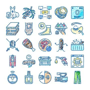 Diverse collection of doodle style vector line illustrations Stock Illustration