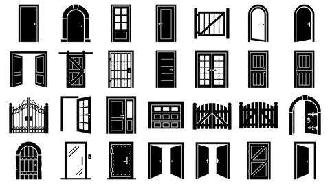 Diverse collection of door and gate silhouette icons for architectural design Stock Illustration