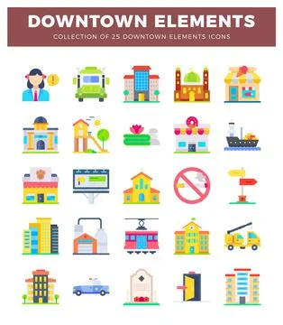 A diverse collection of downtown city elements illustrated as flat icons Stock Illustration