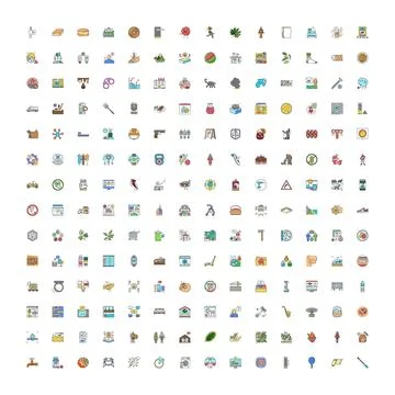 Diverse collection everyday objects and human activities flat icons Stock Illustration