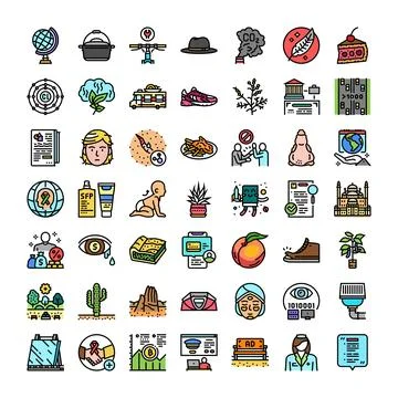 Diverse collection of flat line vector icons illustrating various concepts Stock Illustration
