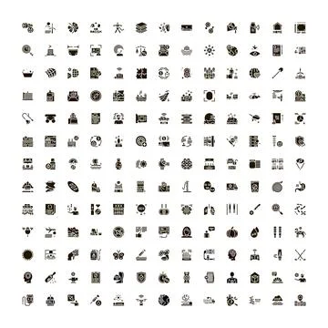 Diverse collection of flat solid black icons Stock Illustration