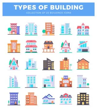 A diverse collection of flat vector building icons.  Buildings of various a.. Stock Illustration